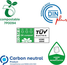 Charger l'image dans la galerie, Certification logos for compostable and biodegradable waste bags, including TÜV Austria and carbon neutral labels.