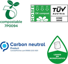 Charger l'image dans la galerie, Logos showing compostable certification, TÜV Austria, carbon neutral product, and microplastics free assurance.