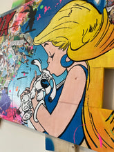 Charger l'image dans la galerie, Colorful Pop Art canvas featuring a girl kissing a dog, blending vibrant acrylics and comic elements.