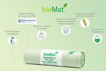 Charger l'image dans la galerie, BioMat compostable bin liner roll, 10 bags of 120 liters, eco-friendly, certified biodegradable, made in Germany.