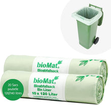 Charger l'image dans la galerie, Lot de 20 sacs poubelle compostables bioMat de 120/140 litres, avec un conteneur de déchets vert.