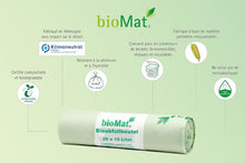 Charger l'image dans la galerie, Sac poubelle bioMat compostable de 10 litres, roulé, avec certifications pour recyclabilité et durabilité.