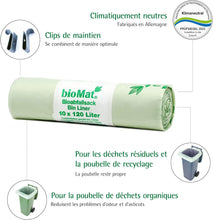 Charger l'image dans la galerie, Rouleau de 10 sacs poubelle bioMat 120L, adaptés aux déchets organiques et recyclables, fabriqués en Allemagne.