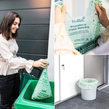 Charger l'image dans la galerie, Image of a woman using a compostable 10L organic waste bag, highlighting eco-friendly waste disposal solutions.