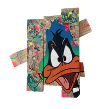 Charger l'image dans la galerie, Pop art interpretation of Daffy Duck on wooden palette boards with colorful paint and comic book elements.