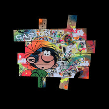 Charger l'image dans la galerie, Vibrant pop art depicting Gaston Lagaffe on wooden planks, showcasing chaos and color in a unique style.