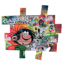Charger l'image dans la galerie, Pop art tableau of Gaston Lagaffe, featuring vibrant colors and textures, made from palette wood.