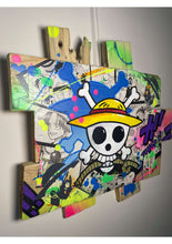 Charger l'image dans la galerie, Pop art wooden wall art featuring One Piece logo with vibrant colors, made from comics, acrylic paint, and matte varnish.