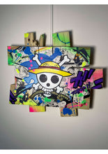 Charger l'image dans la galerie, Pop art tableau of One Piece logo on custom pallet wood, featuring vibrant colors, comics, and acrylics with matte varnish finish.