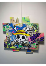 Charger l'image dans la galerie, Pop art piece featuring the One Piece logo on customized wooden pallet with vibrant colors, comic strips, and acrylic accents.