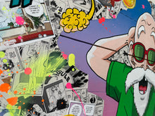 Charger l'image dans la galerie, Tableau pop art vibrant de Tortue Géniale sur bois recyclé avec éléments de bandes dessinées de Dragon Ball.