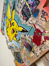 Charger l'image dans la galerie, Colorful pop art featuring Pikachu with comic book backgrounds and bold acrylic accents on recycled wood.