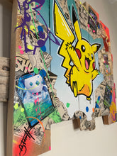 Charger l'image dans la galerie, Pikachu pop art on recycled wood, featuring vibrant colors and playful details, capturing the essence of the iconic Pokémon.