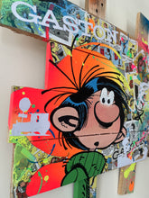 Charger l'image dans la galerie, Tableau pop art vibrant de Gaston Lagaffe, avec couleurs éclatantes et textures en acrylique sur palette en bois.