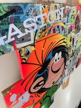 Charger l'image dans la galerie, Colorful pop art collage featuring Gaston Lagaffe on a wooden panel, showcasing vibrant acrylic textures.