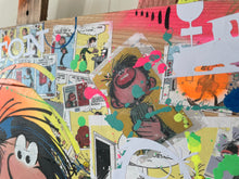 Charger l'image dans la galerie, Vibrant pop art tableau featuring Gaston Lagaffe characters in colorful splashes and textures on wooden palette.