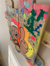 Charger l'image dans la galerie, Colorful pop art wood panel featuring Popeye character with vibrant paints and recycled materials.