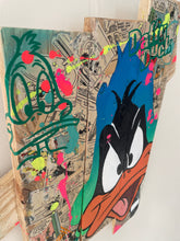 Charger l'image dans la galerie, Contemporary pop art interpretation of Daffy Duck on palette wood, featuring vibrant colors and mixed media.