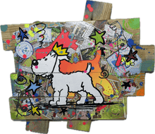 Charger l'image dans la galerie, Pop art artwork of Tintin's dog Milou on a custom wood palette base with colorful elements and comic strips.