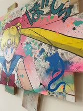 Charger l'image dans la galerie, Pop art tableau featuring Sailor Moon on wooden palette with colorful splashes and graphic elements.