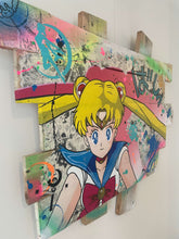 Charger l'image dans la galerie, Pop art Sailor Moon tableau on wood palette, vibrant colors and detailed design, perfect for anime enthusiasts.