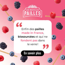Charger l'image dans la galerie, Image promoting eco-friendly French-made paille bagasse with fresh berries and a catchy slogan.
