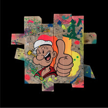 Charger l'image dans la galerie, Pop Art inspired artwork featuring Popeye on recycled wood palette, showcasing vibrant colors and dynamic design.