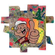 Charger l'image dans la galerie, Pop Art artwork of Popeye on recycled wood, featuring bright colors and dynamic composition, crafted by an artist.