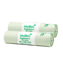 Charger l'image dans la galerie, Deux rouleaux de sacs poubelle compostables bioMat 120 litres, contenant 10 sacs chacun, pour déchets organiques.