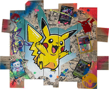 Charger l'image dans la galerie, Pikachu pop art on recycled wood, with vibrant colors and Pokémon cards, capturing energy and joy.