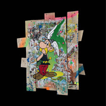Charger l'image dans la galerie, Tableau POP Art Astérix sur palette recyclée, mêlant couleurs vives et techniques artistiques variées.