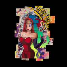 Charger l'image dans la galerie, Tableau Pop Art de Jessica Rabbit, réalisé en bois recyclé avec des éléments de bandes dessinées et des couleurs éclatantes.