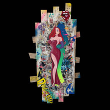 Charger l'image dans la galerie, Tableau Pop Art de Jessica Rabbit sur planches de palette, avec couleurs vives et éléments de collage.