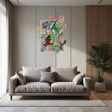 Charger l'image dans la galerie, Tableau POP Art Astérix en bois recyclé, avec des couleurs vives, accroché au mur d'un salon moderne.