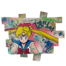 Charger l'image dans la galerie, Pop art tableau of Sailor Moon on a wooden palette, featuring vibrant colors and playful graffiti elements.
