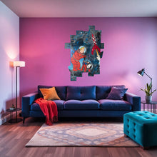 Charger l'image dans la galerie, Tableau Tintin Milou pop art sur mur violet dans un salon moderne avec canapé bleu.