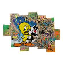 Charger l'image dans la galerie, Pop Art painting of Titi and Grosminet on recycled wood, vibrant colors and playful design inspired by Looney Tunes.