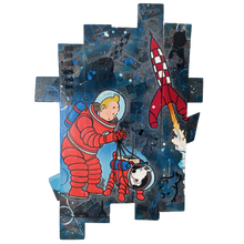 Charger l'image dans la galerie, Tableau Tintin Milou pop art, œuvre unique représentant Tintin et Milou en astronautes avec une fusée.