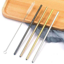 Charger l'image dans la galerie, Stainless steel straws available in various colors with cleaning brush on a wooden tray.