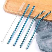 Charger l'image dans la galerie, Set of reusable stainless steel straws in various blue finishes with cleaning brush, eco-friendly alternative to plastic.