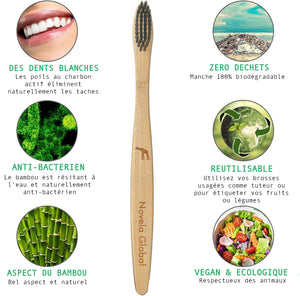 Brosse à dents en bambou avec poils au charbon actif, info sur ses bénéfices écologiques et sanitaires.
