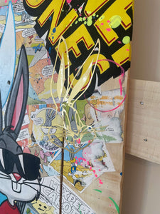 Pop art Bugs Bunny artwork on wooden panel, featuring vibrant colors and playful comic elements.