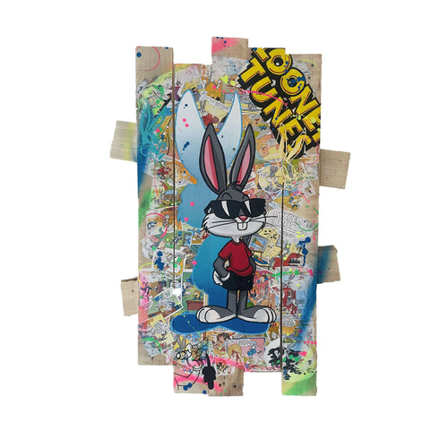 Tableau Pop Art Bugs Bunny on custom wood background, featuring vibrant colors and whimsical pop art style.
