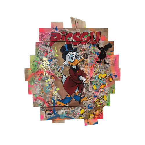 Tableau POP Art Picsou sur bois de palette, vibrant et coloré, mettant en avant Picsou avec des éléments de bande dessinée.